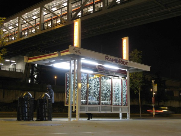 Example of an improved RapidRide bus stop at the SeaTac airport light rail station. (Seattle Transit Blog)