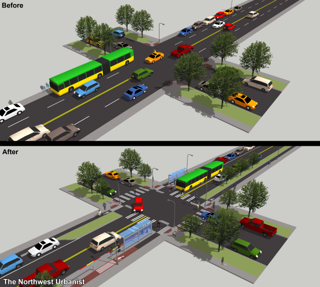Before and after comparison of a typical middle segment (55 feet right-of-way) residential intersection with bus stops. Click to enlarge.