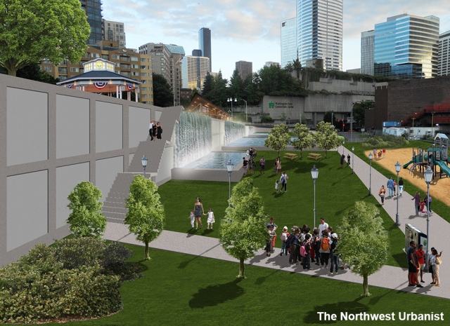 A conceptual view of Section 4, looking south from Pike Street. Click to enlarge and see comparison.