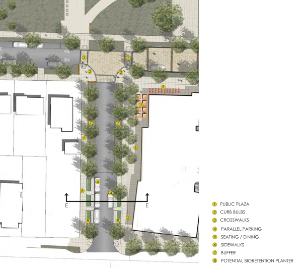 A conceptual site plan for a short green street on 14th Avenue NE. (Seattle DPD)