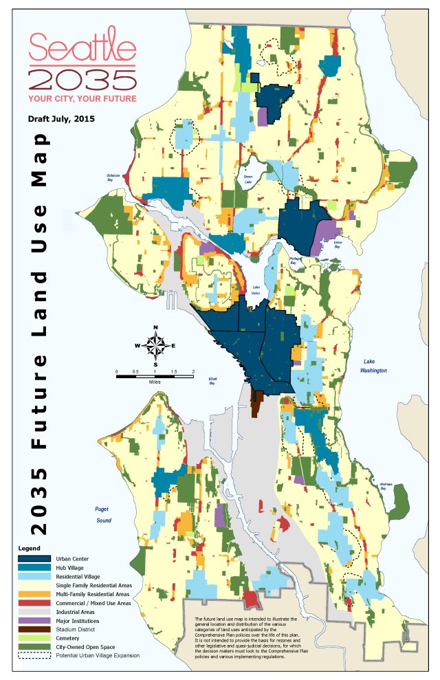 Seattle's proposed future land use map, showing the various types of urban villages and broad land use categories. (City of Seattle)