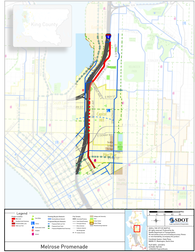 Map of the project area, with the bicycle facilities in red. (Seattle Department of Transportation)